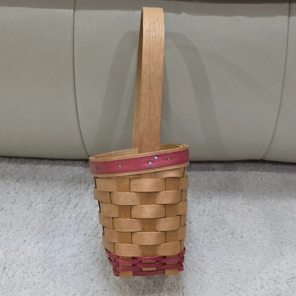 Vintage Workshops of Gerald E Henn Handwoven Wood Basket Red Trim Small Accent